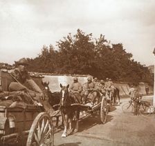 Troops in horse-drawn carts, Raux, France, c1914-c1918