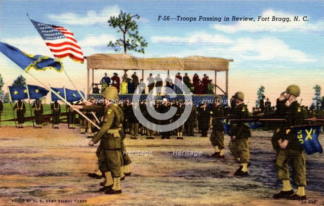 Troops passing in review, Fort Bragg, North Carolina, USA, 1945. Artist: US Army Signal Corps