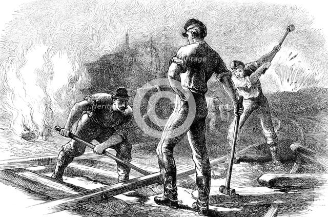 Troops tearing up a railway, American Civil War, 1861-1865 (c1880). Artist: Unknown