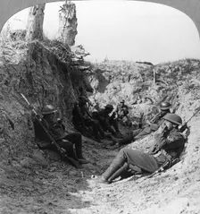 Troops waiting in a trench near Arras, France, World War I, c1914-c1918. Artist: Realistic Travels Publishers