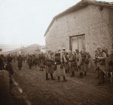 Troops with packs on backs, Somme, northern France, c1914-c1918