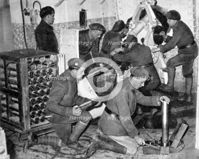 Troops working in one of the underground artillery towers, Maginot Line, Worls War 2, c1940. Artist: Unknown