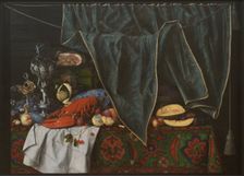 Trompe l'Oeil with Breakfast Piece with Lobster and Goblets on a Table Covered with an..., 1672. Creator: Cornelis Norbertus Gysbrechts