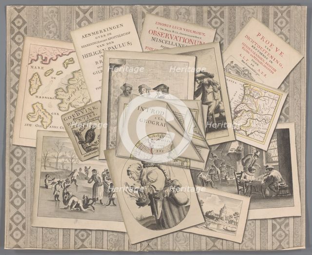 Trompe l'oeil with prints, maps and publications, in or after 1748. Creator: Anon.