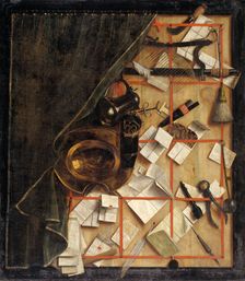 Trompe l'oeil - Letter Rack with a Barber-Surgeon's Instruments, 1668. Creator: Cornelis Norbertus Gysbrechts
