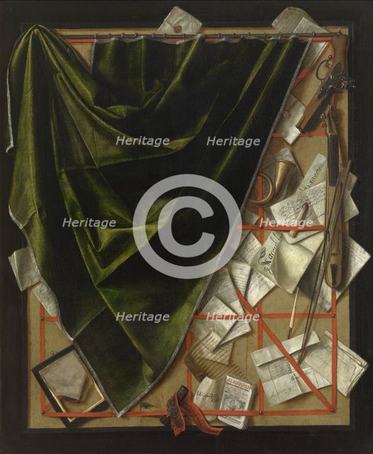 Trompe-l'oeil: Letter Rack with a Pocket Violin and a Pistol, 1664. Creator: Cornelis Norbertus Gijsbrechts.