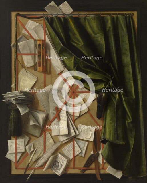 Trompe-l'oeil: Letter Rack with an Hourglass, a Razor and Scissors, 1664. Creator: Cornelis Norbertus Gijsbrechts.