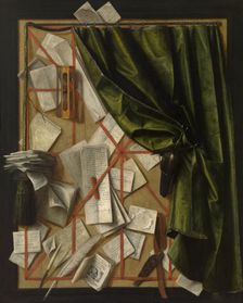Trompe-l'oeil: Letter Rack with an Hourglass, a Razor and Scissors, 1664. Creator: Cornelis Norbertus Gijsbrechts