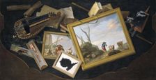 Trompe l'oeil of a Table in a Mess with Paintings, a Hurdy-Gurdy, Books and Other Objects, c1779. Creator: Charles Joseph Flipart