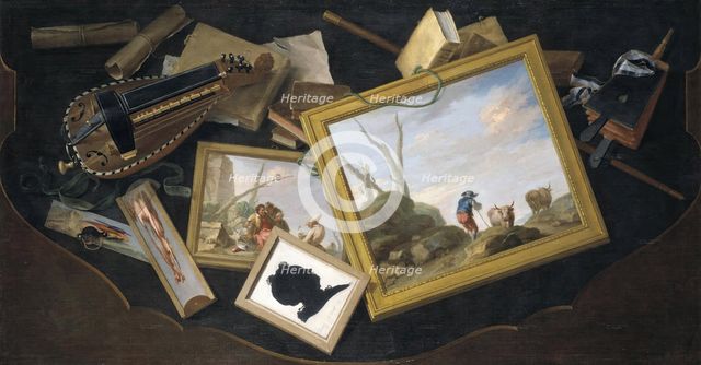 Trompe l'oeil of a Table in a Mess with Paintings, a Hurdy-Gurdy, Books and Other Objects, c1779. Creator: Charles Joseph Flipart.