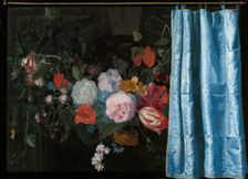 Trompe-l'Oeil Still Life with a Flower Garland and a Curtain, 1658. Creators: Adriaen van der Spelt, Frans van Mieris
