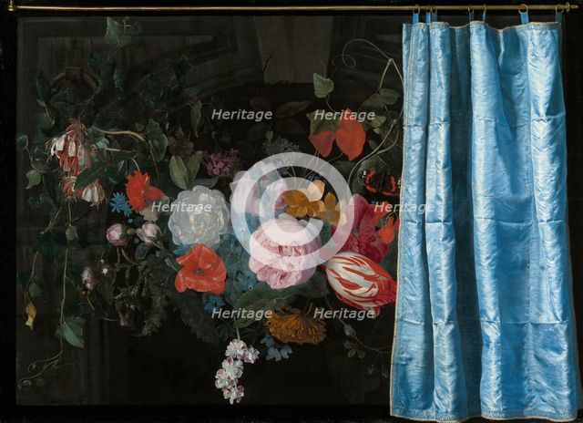 Trompe-l'Oeil Still Life with a Flower Garland and a Curtain, 1658. Creators: Adriaen van der Spelt, Frans van Mieris.