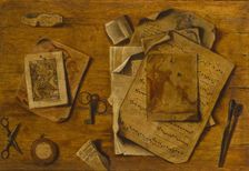 Trompe-l’œil with musical score, drawings and keys, c. 1800. Artist: Anonymous