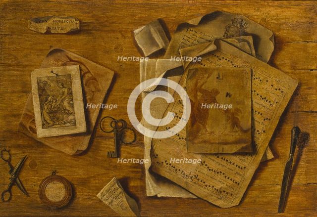 Trompe-l’œil with musical score, drawings and keys, c. 1800. Artist: Anonymous  