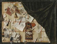 Trompe l'oeil of a Letter Rack with Christian V's Proclamation, 1671. Creator: Cornelis Norbertus Gysbrechts
