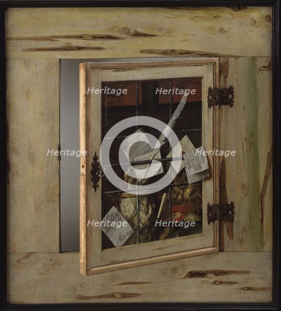 Trompe l'Oeil. A Cabinet of Curiosities with an Ivory Tankard, 1670. Creator: Gijsbrechts, Cornelis Norbertus (before 1657-after 1675).