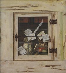 Trompe l'Oeil - A Closed Wall Cupboard with an Ivory Tankard and Other Objects, 1670. Creator: Cornelis Norbertus Gysbrechts