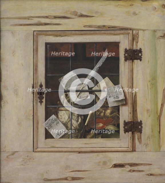 Trompe l'Oeil - A Closed Wall Cupboard with an Ivory Tankard and Other Objects, 1670. Creator: Cornelis Norbertus Gysbrechts.