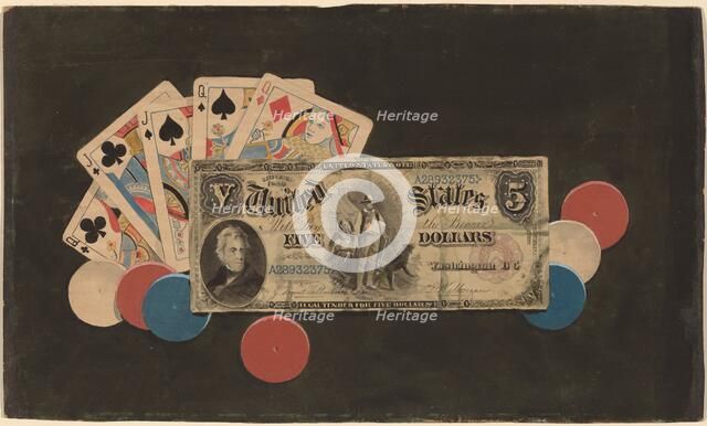 Trompe l'Oeil: A Full House with Chips and a $5 Bill, c. 1895. Creator: Unknown.