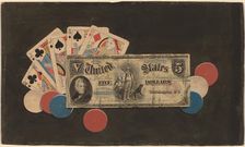 Trompe l'Oeil: A Full House with Chips and a $5 Bill, c. 1895. Creator: Unknown