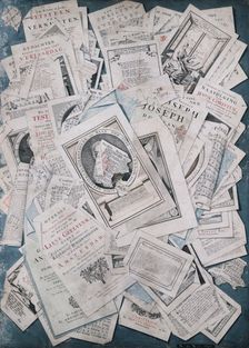 Trompe l'oeil. Prints and book tear-outs , 1740. Creator: Wit, Nicolaas de (active ca 1740)