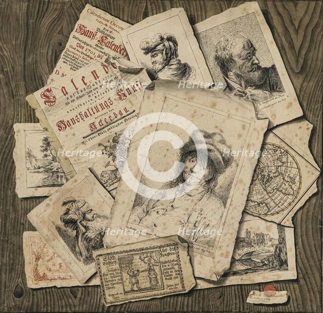 Trompe l'oeil. Prints and book tear-outs on wood, 1776. Creator: Robart; P. A. (active 1770s-1780s).