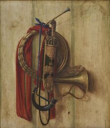 Trompe l'Oeil with Christian V's equipment for Riding to Hounds;Hunting Equipment on a Board, 1671. Creator: Cornelis Norbertus Gysbrechts