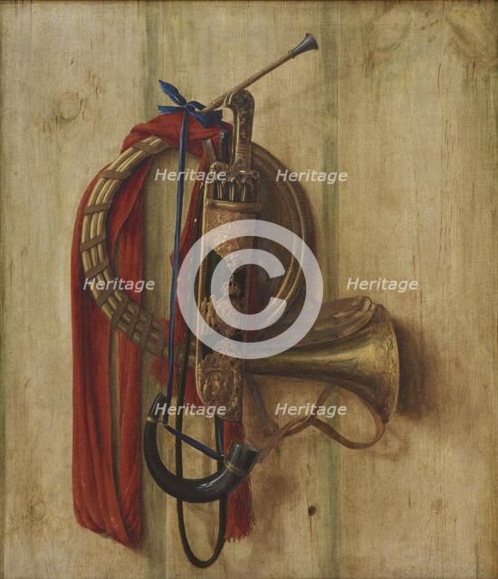 Trompe l'Oeil with Christian V's equipment for Riding to Hounds;Hunting Equipment on a Board, 1671. Creator: Cornelis Norbertus Gysbrechts.