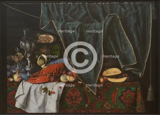 Trompe l'Oeil with Breakfast Piece with Lobster and Goblets on a Table Covered with an..., 1672. Creator: Cornelis Norbertus Gysbrechts.