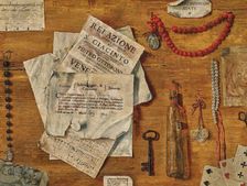 Trompe-l'oeil with several sheets of paper, a key, playing cards and objects attached to a..., 1711. Creator: Bordoni, Egidio Maria (active End of 17th-Early 18th cen.)
