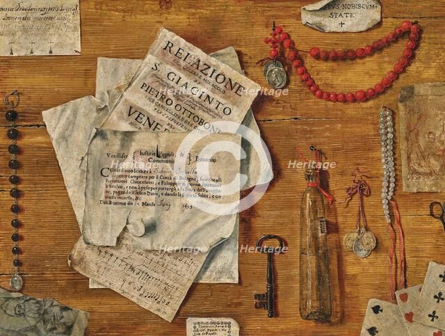 Trompe-l'oeil with several sheets of paper, a key, playing cards and objects attached to a..., 1711. Creator: Bordoni, Egidio Maria (active End of 17th-Early 18th cen.).