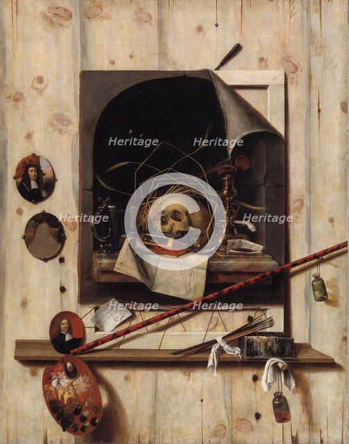 Trompe l'oeil with Studio Wall and Vanitas Still Life, 1668. Artist: Gijsbrechts, Cornelis Norbertus (before 1657-after 1675)
