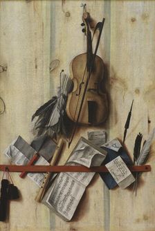 Trompe l'oeil with Violin, Music Book and Recorder, 1672. Creator: Cornelis Norbertus Gysbrechts