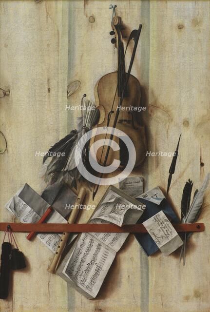 Trompe l'oeil with Violin, Music Book and Recorder, 1672. Creator: Cornelis Norbertus Gysbrechts.