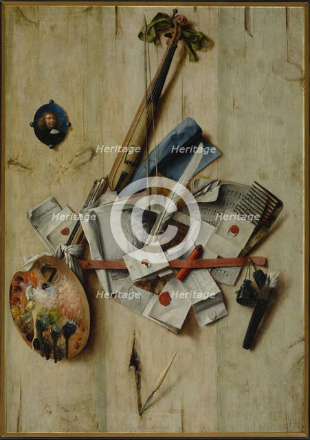 Trompe l'oeil with Violin, Painting Tools and Self-Portrait, 1675. Creator: Gijsbrechts, Cornelis Norbertus (before 1657-after 1675).