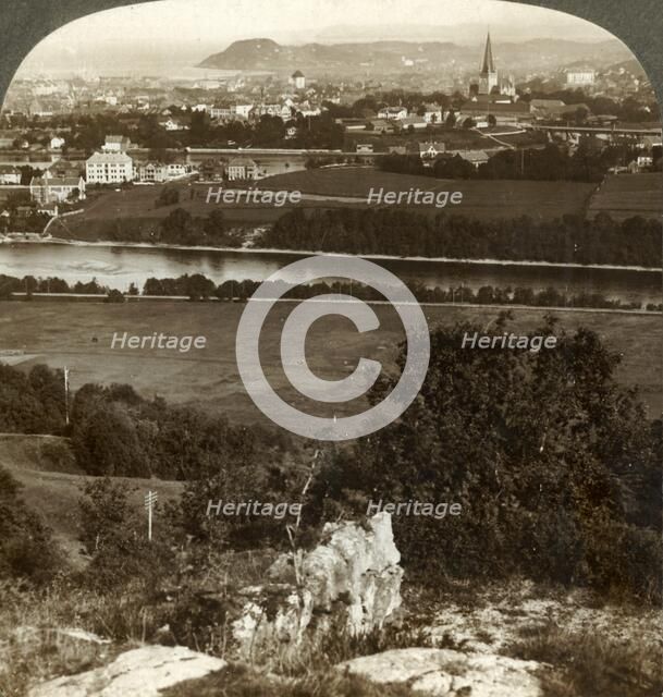 'Trondhjem, its homes, warehouses and cathedral, between river Nid and Fjord, Norway', 1905. Creator: Unknown.