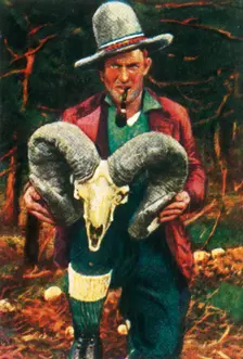 Trophy-hunter holding Bighorn sheep skull, c1928. Creator: Unknown