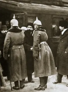 Trotsky and Russian delegates welcomed by German officers, Brest-Litovsk, Russia, 1917. Creator: Unknown