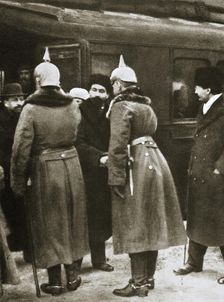 Trotsky and Russian delegates welcomed by German officers, Brest-Litovsk, Russia, 1917