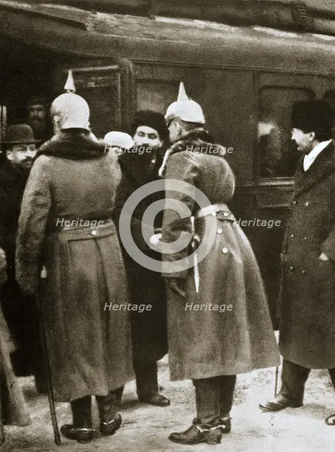 Trotsky and Russian delegates welcomed by German officers, Brest-Litovsk, Russia, 1917. Creator: Unknown.