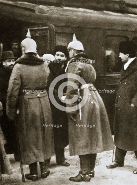 Trotsky and Russian delegates welcomed by German officers, Brest-Litovsk, Russia, 1917. Artist: Unknown