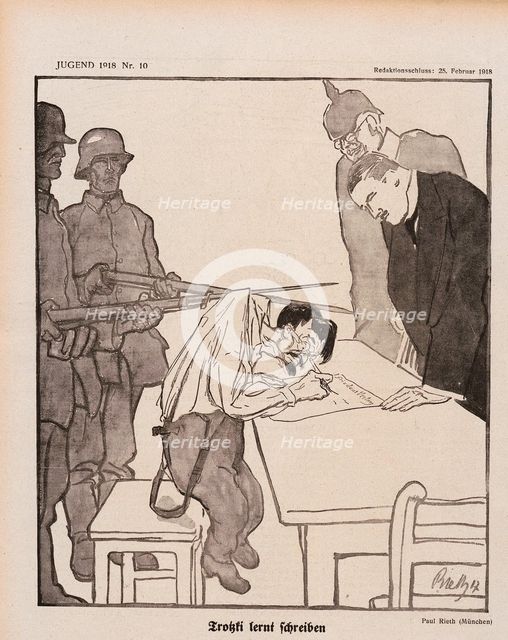 Trotsky learns to write (Treaty of Brest-Litovsk). From: "Youth", 1918, No. 10 Creator: Rieth, Paul (1871-1925).