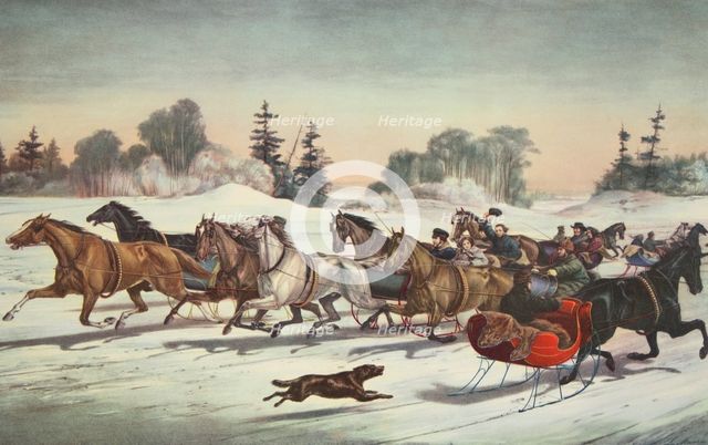  'Trotting Cracks' on The Snow, Currier & Ives (Colour Lithograph)