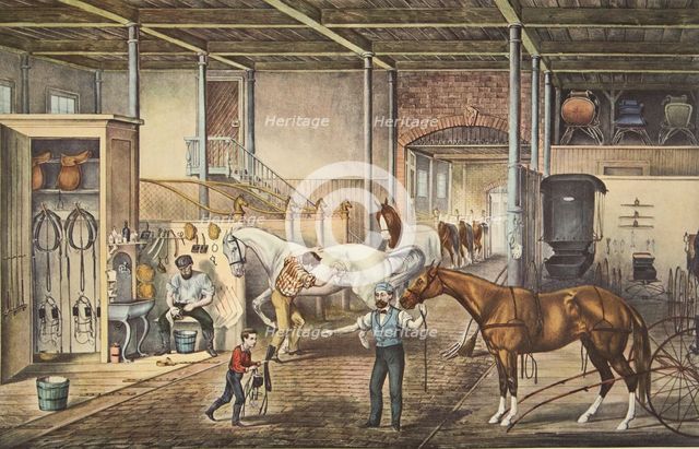  'Trotting Cracks' At Home, A Model Stable, pub. 1868, Currier & Ives (Colour Lithograph)
