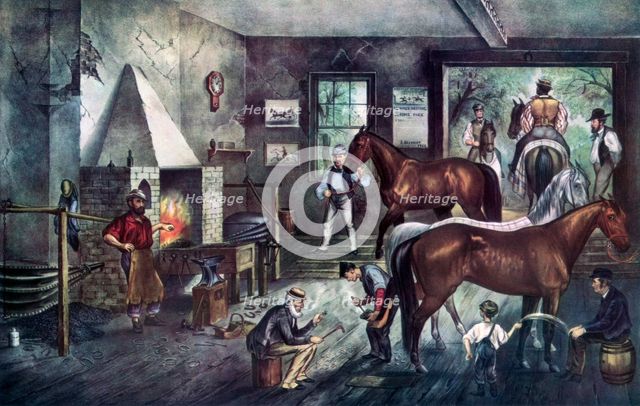'Trotting Cracks at the Forge', 1869.Artist: Currier and Ives