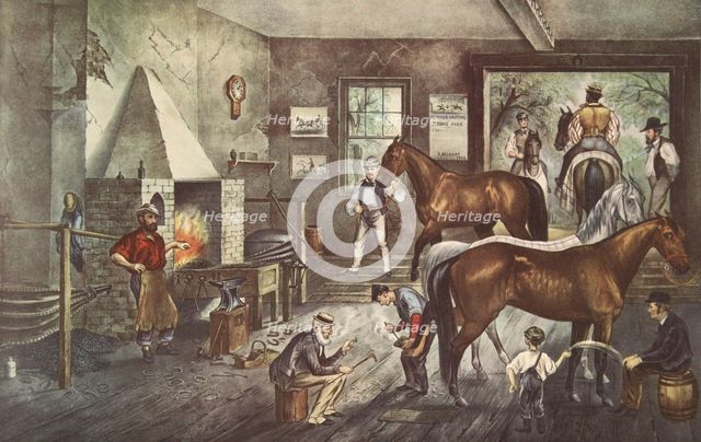  'Trotting Cracks' at the Forge, pub. 1869, Currier & Ives (Colour Lithograph)