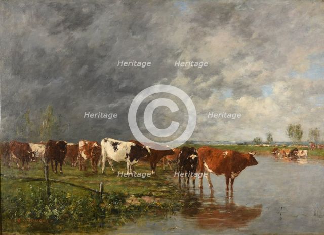 Troupeau s'abreuvant (Cows at the Watering Place), Between 1883 and 1895. Creator: Eugene Louis Boudin.