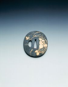 Tsuba (sword hilt) in shakudo with gold inlays of grasses and cricket, Japan, early 19th century. Creator: Unknown