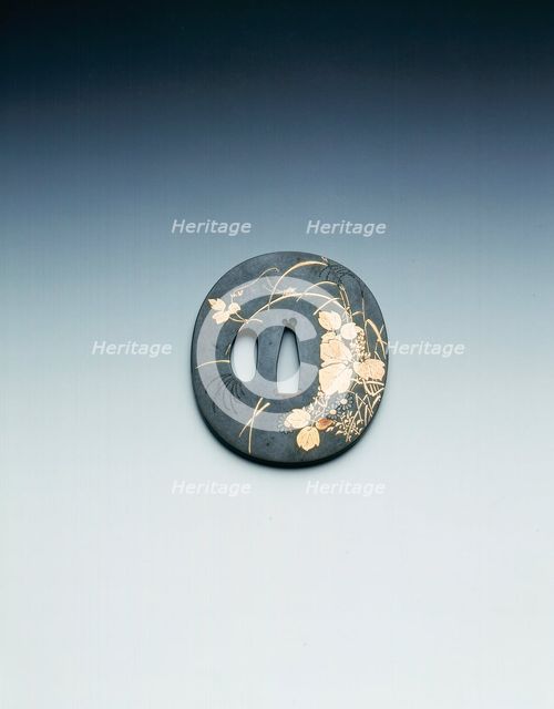 Tsuba (sword hilt) in shakudo with gold inlays of grasses and cricket, Japan, early 19th century. Creator: Unknown.