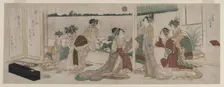 Tsukasa and Other Courtesans of the Ogiya Watching the Autumn Moon Rise..., 1799. Creator: Katsushika Hokusai (Japanese, 1760-1849)